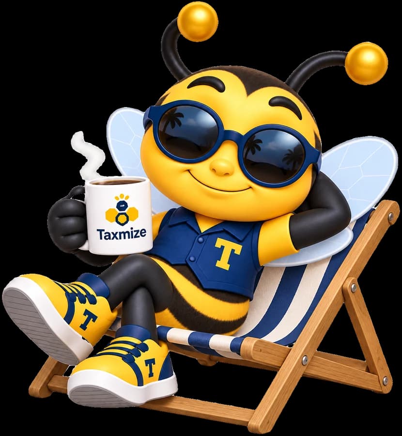 Taxmize bee relaxing in a beach chair with a Taxmize mug